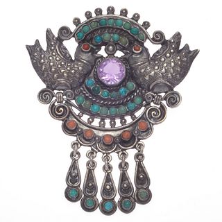 Coral, Turquoise, Amethyst, Sterling Brooch, Matl