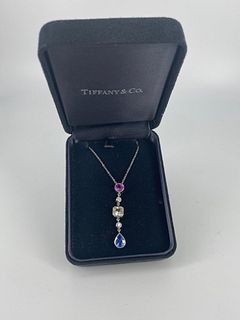 Platinum Tiffany & Company Necklace In a Branded Black Box With Pink, Blue & Clear Sapphires