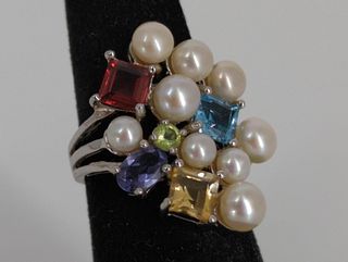 Sterling Silver Pearl & Multi-Colored Gemstone Ring