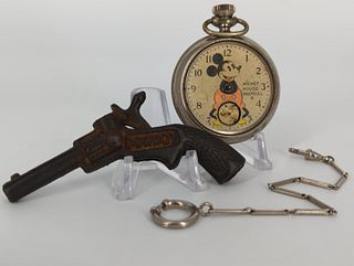 Toy Gun, Pocket Watch and Silver Tone Watch Chain
