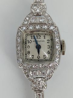Elegant Platinum & Diamond Ladies Hamilton Wrist Watch
