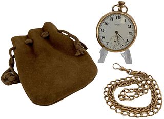 One Pocket Watch from Waltham with Yellow Gold-Filled Case, One 14kt Yellow Gold Watch Chain & One Brown Pouch