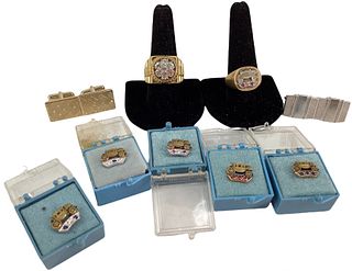 Five Membership/Service Pins with Stones In Cases, Two Rings (Y/M), and Two Pairs of Cufflinks
