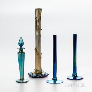 Three Steuben Aurene Glass Vases and a Perfume