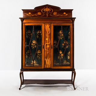 Art Nouveau Mahogany Display Case with Stylized Floral Inlay