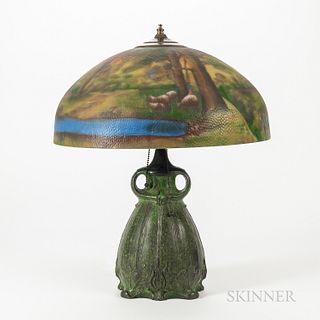 Pittsburgh Lamp, Brass, and Glass Co. Table Lamp with Pastoral Landscape Reverse-painted Shade