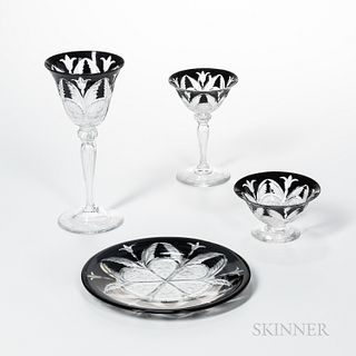 Four Pieces of Steuben Mirror Black Cut-to-Clear Tableware
