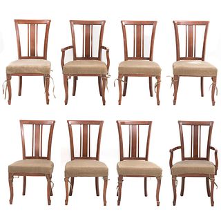 Lote de 6 sillas y 2 sillones. SXX. Estructura en madera con respaldos semiabiertos y asientos en tapicería textil color beige. Pz: 8