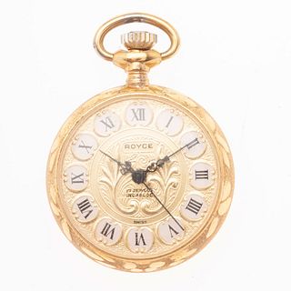 Reloj de bolsillo Royce. Movimiento manual. caja circular en acero dorado de 24 mm. Carátula dorada con índices de números romanos.