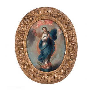 ANÓNIMO. México, SXVIII. Virgen de la Inmaculada Concepción. Óleo sobre lámina de cobre. Formato oval. 30 x 23 cm.