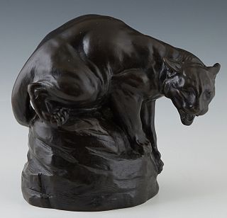After Joseph L. Boulton (1896-1981), "Crouching Cougar," 20th c., patinated bronze, impressed signature verso, stamped "DAMA, No. 265," H.- 9 in., W.-