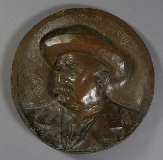 Prassitele Barzaghi (1880-1921, Italian), "Relief Male Profile Medallion," 20th c., patinated bronze, signed on proper left front next to the figure, 