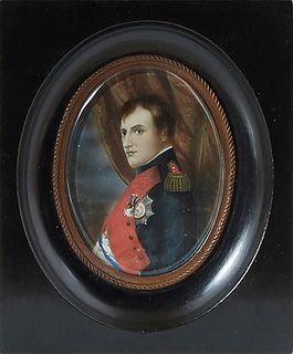 French School, "Napoleon Bonaparte," 19th c., miniature oil on ivory, unsigned, presented in the original ebonized wood frame with a beveled glass cov