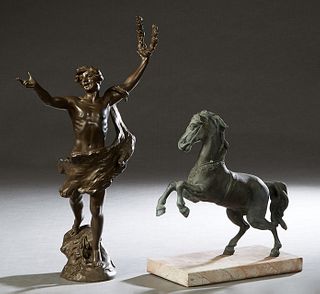 Franchesco La Monaca (1882-1937), "The Victor," early 20th c., patinated spelter figure, signed on the proper right side of the integral base; togethe