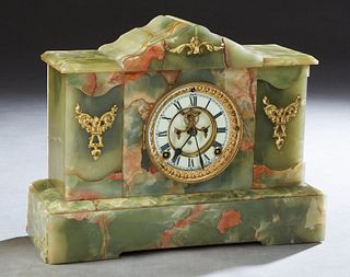 Ansonia Temple Form Open Escapement Green Onyx Mantle Clock, early 20th c., the arched top over an enameled dial time and strike clock, on a stepped r