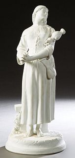 After Joseph Berthoz (19th/20th c., French), "Maiden Holding a Spinning Wheel," 19th c., French parian figure in front of a bench, on an integral base