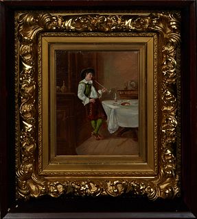 Cropsey Thompson, "Man Smoking a Long Pipe after Dinner," 19th c., oil on canvas, signed lower right, presented in a gilt frame within an enclosed woo