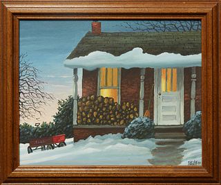 Eldridge Bagley (Virginia), "By the Fire," 1997, oil on canvas, signed and dated lower right, H.- 8 in., W.- 10 in., Framed H.- 9 1/2 in., W.- 11 1/2 