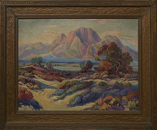 California School, "California Landscape at Sunset," early 20th c., oil on canvas board, unsigned, presented in a gilt frame, H.- 17 1/4 in., W.- 23 1