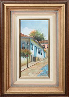 South American School, "Casa de J.K.," c. 1999, oil on canvas, signed and dated lower right, signed, dated and titled en verso, presented in a wood an
