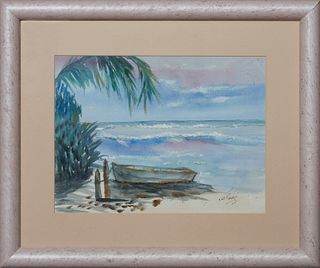 Caribbean School, "Boat in the Sand," 21st c., watercolor on paper, signed illegibly lower right, presented in a wood frame, H.- 8 3/4 in., W.- 11 1/2