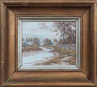 Continental School, "River by a Village," 20th c., oil on canvas, signed illegibly lower right, presented in a wood frame, H.- 10 1/2 in., W.- 12 1/4 