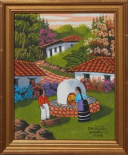 Ana Rivera (Honduran), "Couple at the Oven," 2008, acrylic on paper, signed and dated lower right, presented in a gilt wood frame, H.- 9 1/2 in., W.- 