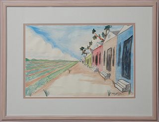 Ronald Leonard Jones (1952-2021, New Orleans), "Houses Facing a Field," early 21st c., watercolor on paper, signed lower right, presented in a bleache