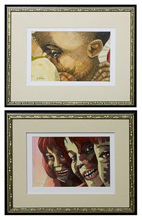 Robert Mahosky (North Carolina), "Hidden Face" and "Three Happy Girls," late 20th c., two oils on paper, signed lower left, gallery labels en verso, b