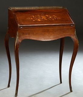 French Louis XV Style Ormolu Mounted Marquetry Inlaid Rosewood Slant Front Desk, late 19th c., the pierced brass gallery top above an inlaid slant lid