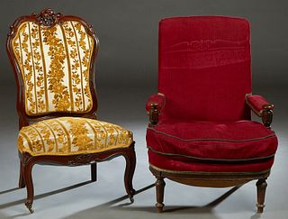 Two French Carved Walnut Chairs, 19th c., one a Louis XVI style example with a highback over upholstered arms and a cushion seat, on turned tapered le