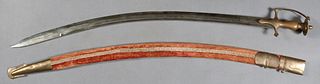 Indian Sword, 20th c., with a brass handle and hand guard, in a salmon velvet covered metal scabbard, H.-35 1/2 in. Provenance: Palmira, the Estate of