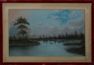 American School, "Lake Landscape with Boats and Trees on the Shore," 19th c., pastel, signed in monogram lower right "BH," presented in a velvet frame