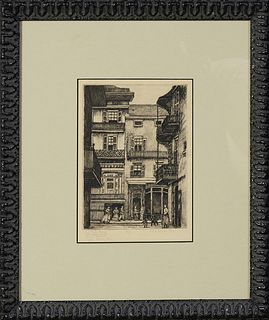 Willie Lucille Reed (1914-1986, New Orleans, "Le Petit Salon, St. Peter Street, New Orleans (from Pirate's Alley)", etching, Ed/100, pencil titled low