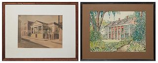 Hubert Hanush (New Orleans/Missouri), "Beauregard-Keyes House," and "The Shadows on the Teche, New Iberia," 20th c., pair of watercolors and marker on
