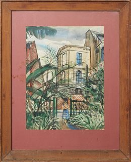 Hubert Hanush (New Orleans/Missouri), "View of the French Quarter from a Courtyard," watercolor and ink on paper, signed lower right, with E. L. Boren