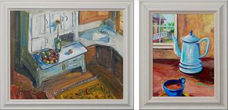 Kenneth Wayne Cook (New Orleans), "Artist's Kitchen" and "Coffee," late 20th c., oil on board and oil on canvas, the first signed lower right, the sec