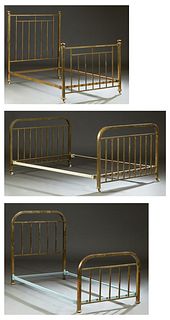 Three French Brass Beds, early 20th c., with square rounded corner head and foot boards, consisting of a plated iron single bed, H.- 46 in., Int. W.- 
