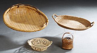 Group of Four Native American Woven Straw Items, 20th c., consisting of a 4 in. handled bowl; a small "lace" bowl; a long shallow bowl with two handle