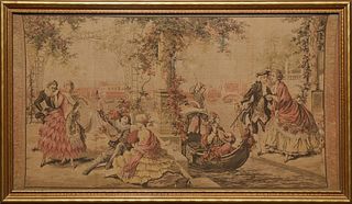 Continental School, "Lovers in Venice," early 20th c., tapestry, presented in a gilt frame, H.- 19 1/2 in., W.- 39 1/2 in., Framed H.- 22 1/2 in., W.-