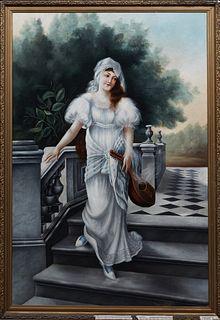 Continental School, "Woman with a Mandolin," early 20th c., oil on canvas, unsigned, presented in a gilt frame, H.- 59 1/2 in., W.- 39 1/2 in., Framed