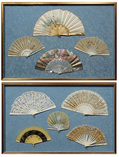 Group of Nine Antique Hand Fans, late 19th c., five of ivory and lace, two mother-of-pearl and lace, with a painted female figure; and one of bone, wi