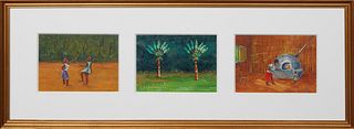 Champ Delaine, 20th c., "Two Figures," "Two Palm Trees," & "Mother & Child by Oven," 20th c., three acrylics on board, presented in one gilt frame, ea