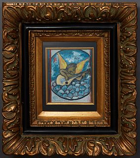 Emerson Bell (1932-2006, Louisiana), "Angel with Lute," 1993, mixed media on paper, signed and dated lower left, presented in a black and gilt frame, 
