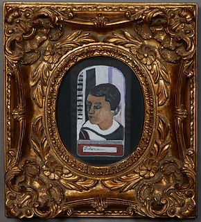 Emerson Bell (1932-2006, Louisiana), "Portrait of a Boy," 20th c., oil and charcoal on paper, signed on bottom, presented in a gilt frame, H.- 9 1/4 i