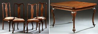 English Five Piece Carved Mahogany Queen Anne Style Dining Suite, 20th c., consisting of four slip seat cabriole leg chairs, together with a crank typ