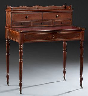 French Louis Philippe Style Inlaid Walnut Writing Table, the superstructure back with a 3/4 serpentine gallery, over two deep drawers above three shal