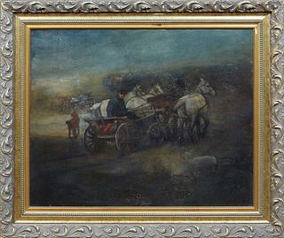 Continental School, "Horses Pulling Carriage," 19th c., oil on canvas, monogrammed "N.N" lower left, presented in a gilt frame, H.- 23 5/8 in., W.- 29