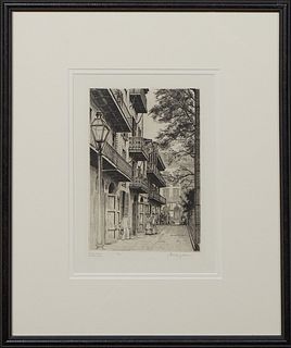 Morris Henry Hobbs (1892-1967, Louisiana), "Pirate's Alley, Old New Orleans," 1943, etching, edition of 200, signed lower right in pencil, titled and 