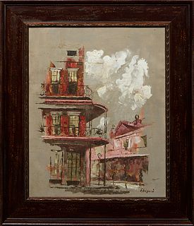 Ed Blouin (1941-, New Orleans), "French Quarter Balcony," 20th c., oil on canvas board, signed lower right, presented in a wood frame, H.- 19 1/2 in.,